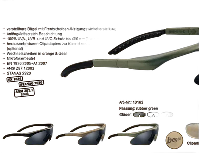 Schutzbrille -Raptor- Set, Fassung "rubber green", mit 3 Gläsern [10163]